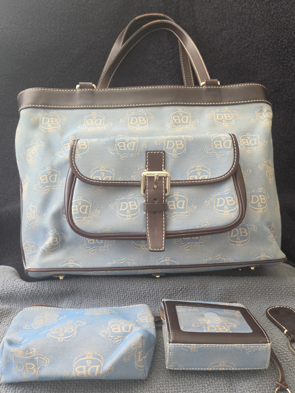 Dooney & Bourke Light Blue Logo Canvas Shoulder Bag with Brown Trim